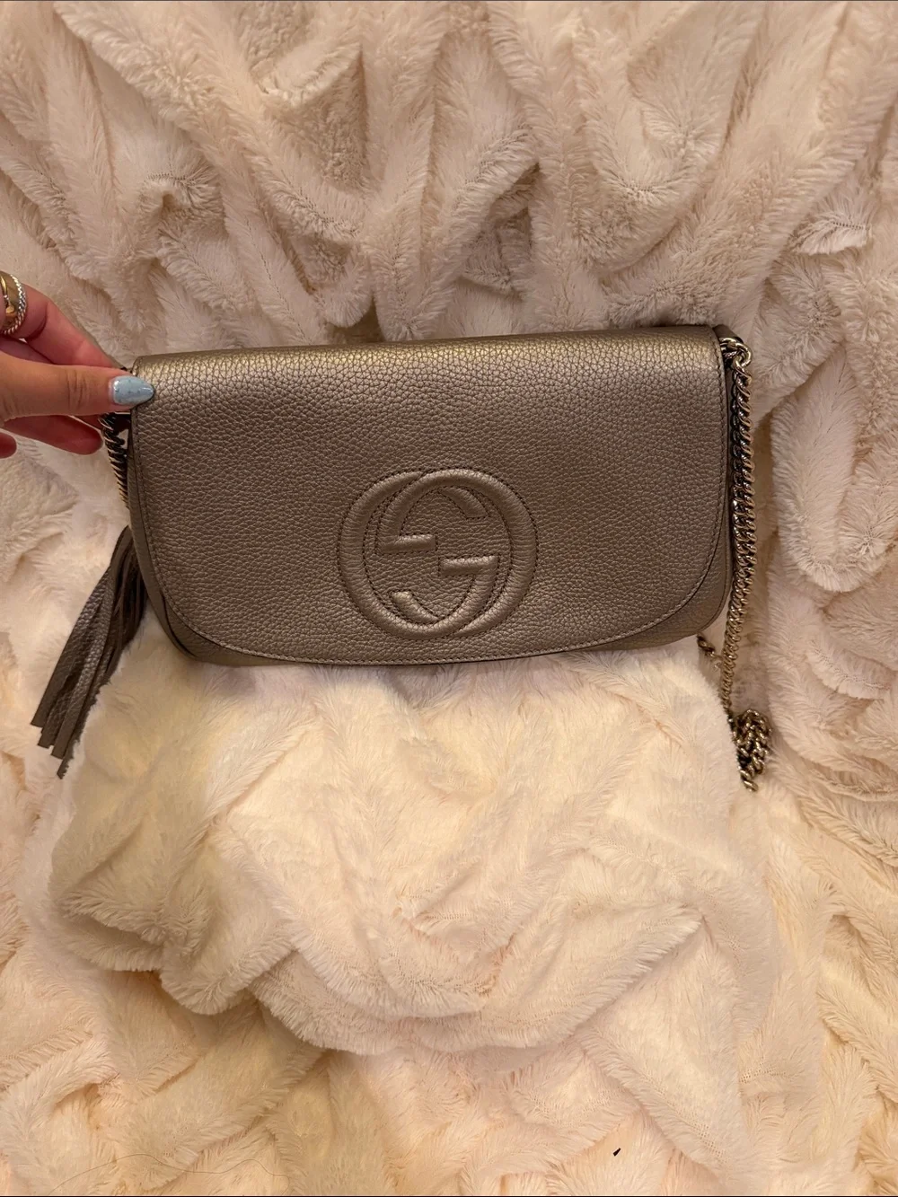 Gucci Metallic Taupe Pebbled Leather Crossbody with Tassel